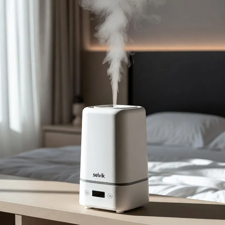 Humidificador Selvik AROMA BALANCE soltando vapor en un dormitorio