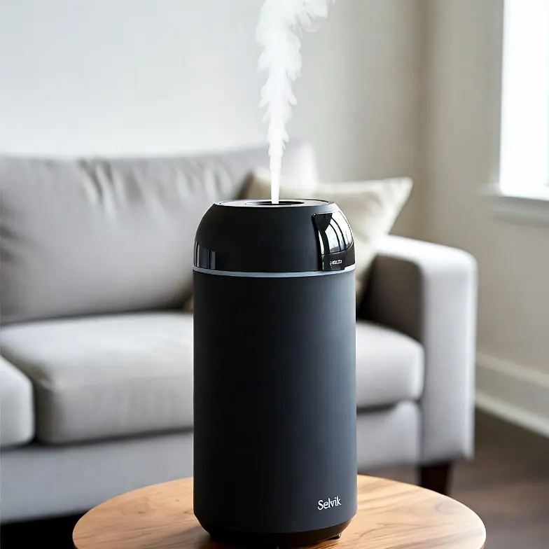 Humidificador ultrasónico Selvik ULTRA BALANCE negro sobre una mesa auxiliar