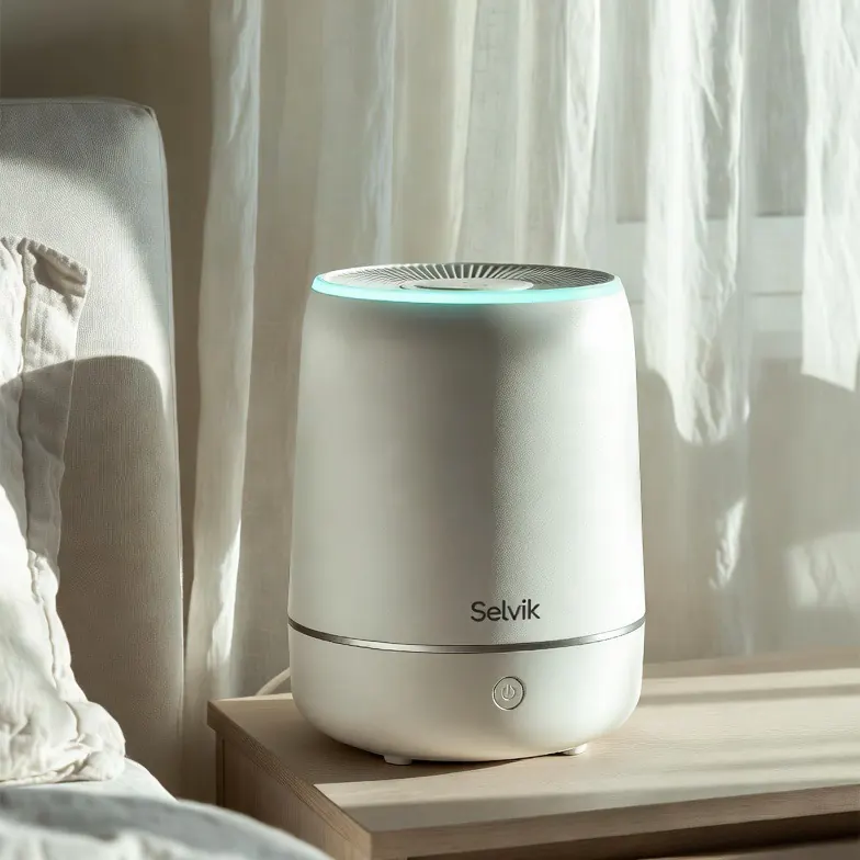 Humidificador evaporativo Selvik BALANCE blanco en un dormitorio