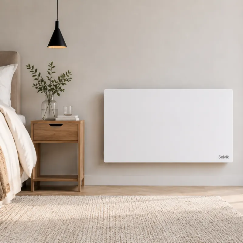 Panel Selvik INFRA 900 blanco en un dormitorio nórdico